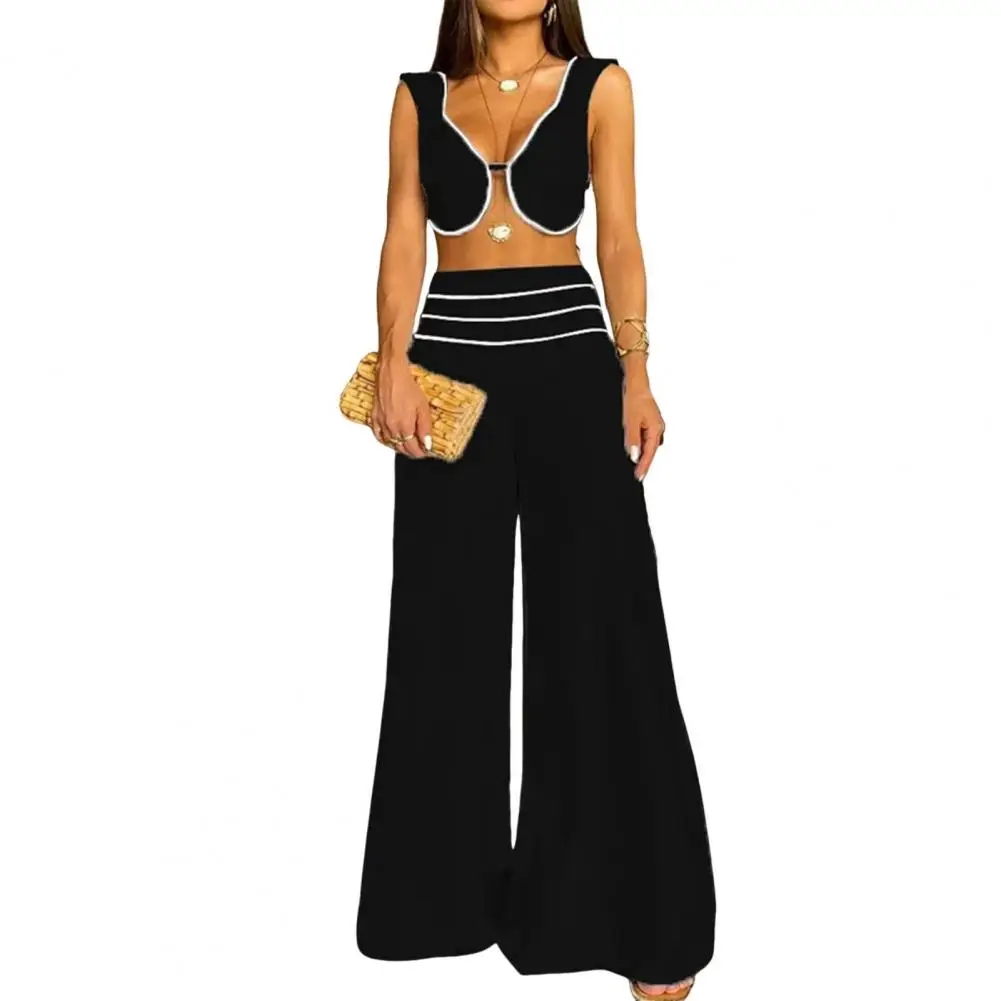 

High Waist Culottes Set Stylish Women's Crop Top Pants Set with Low-cut V Neck High Waist Wide Leg Culottes Soft Summer Commute