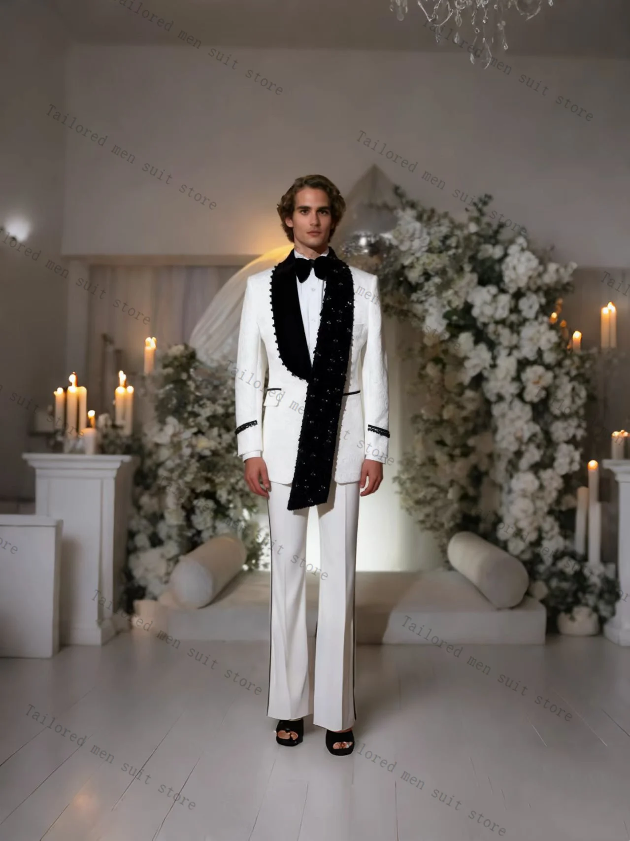 

Jacquard Groom Men Suits Pants Set 2 Pcs Crystals White Blazer+Trousers Cotton Wedding Tuxedos Prom Jacket Formal Business Coat