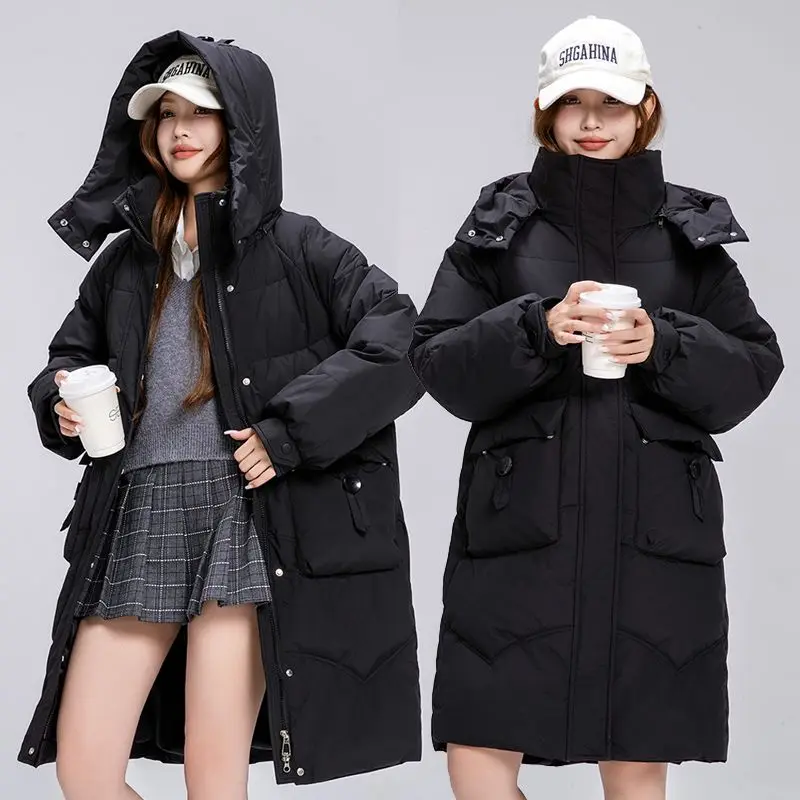 Winter Parka Women Over-the-knee Puffer Jacket Cotton Padded Coats Warm Thick Detachable Hood Trendy Windproof Pockets Outerwear