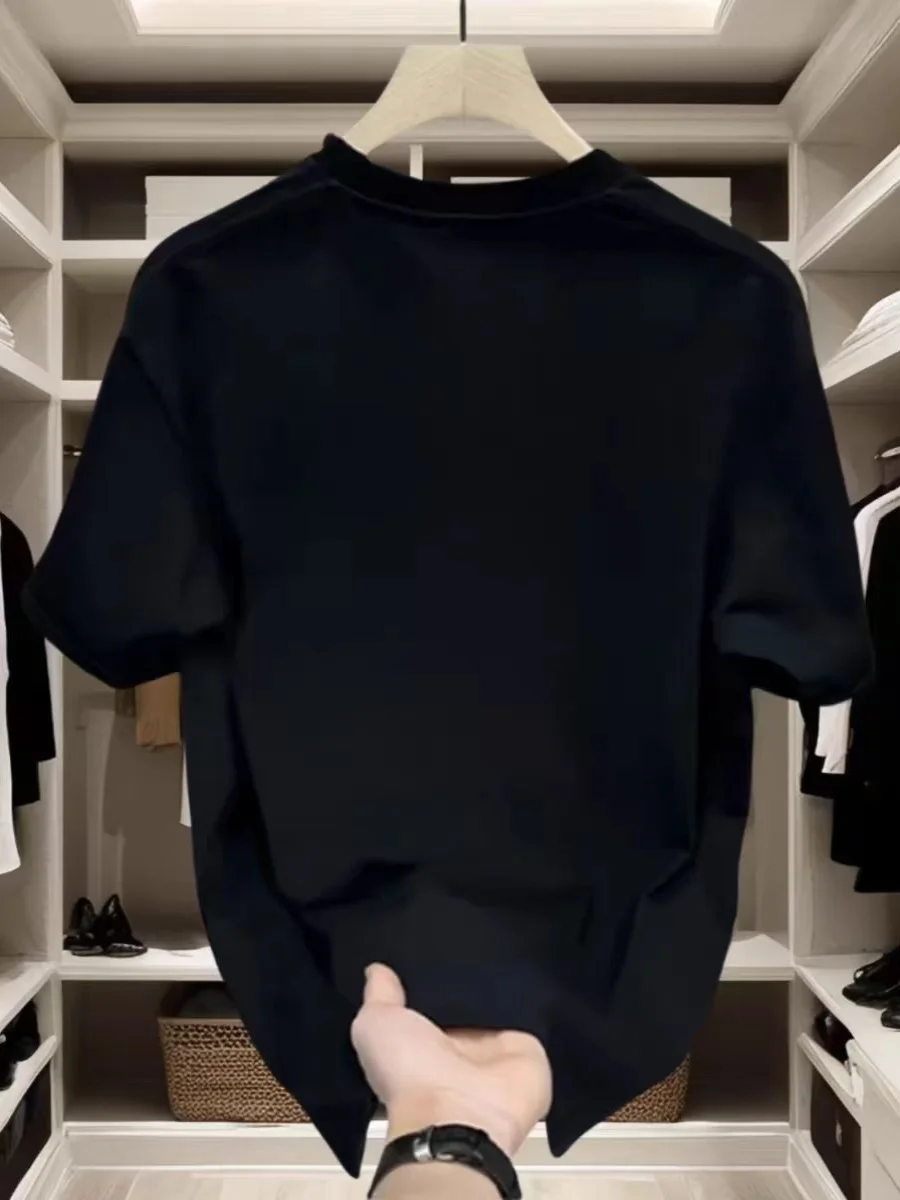 الراقية موضة الرجال تي شيرتات قصيرة الاكمام 2025 جديد الصيف فضفاض الجولة الرقبة القطن الخالص الثقيلة الأمريكية تي شيرت #3