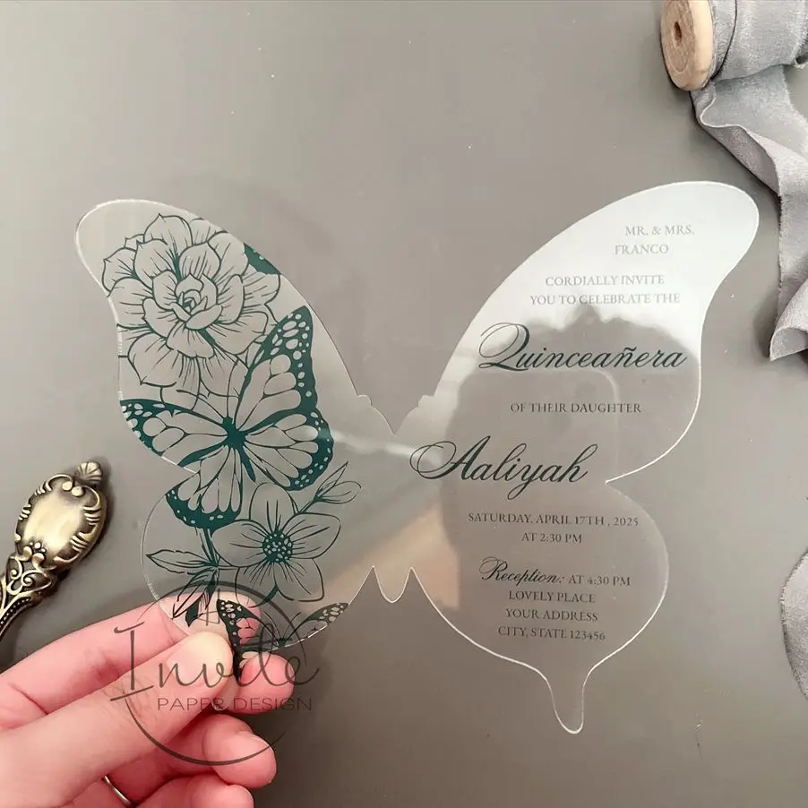 

Green Butterfly Quinceañera Acrylic Invitation, Elegant Butterfly Acrylic Mis XV Anos Card With Envelope {Free Preview Available