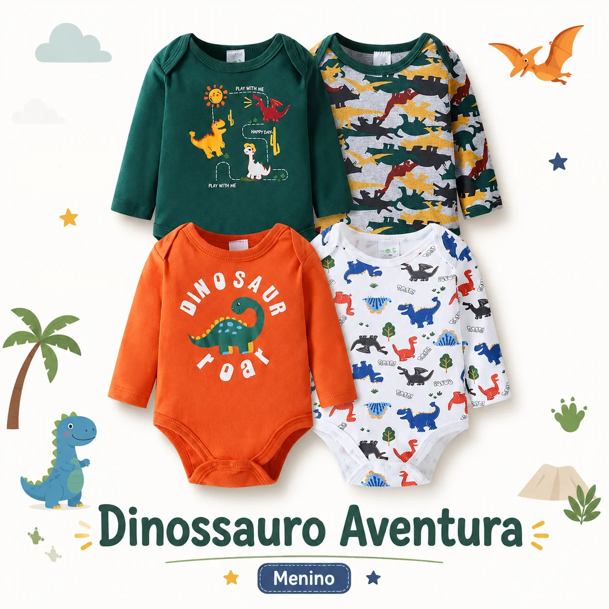 body-bebe-menino-kit-4-pecas-manga-longa-algodao-confortavel-estampado-dinossauro