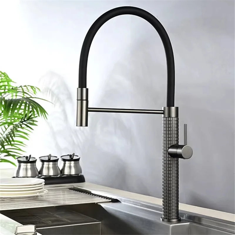 

Brass Kitchen Faucets New Carved Sink Mixer Tap Hot & Cold Deck Mounted Single Handle Pull Side Style Rotating Vessel Gun Grey