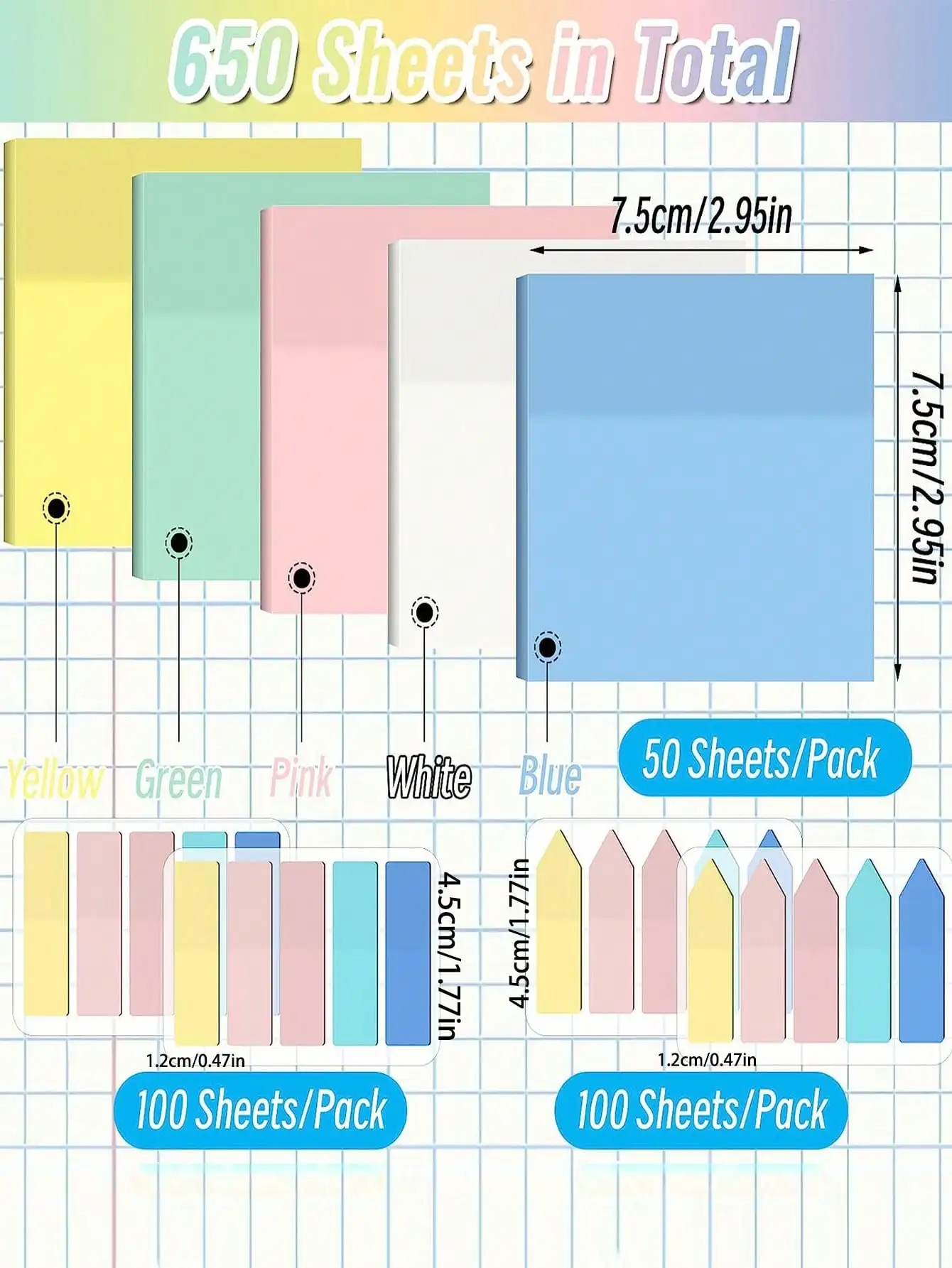 9pcs Stationery memo pad 650-page Self-adhesive Transparent Memo Pad For School & Office Supplies