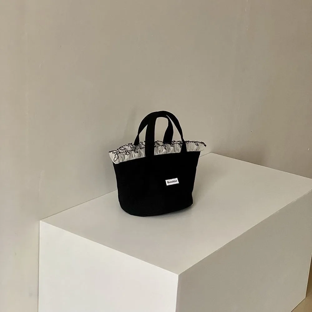 New Style Large Capacity Canvas Tote Bag Portable Lightweight Lace Trim Handbag Ruffle Edge Shopping Bag Storage Bag