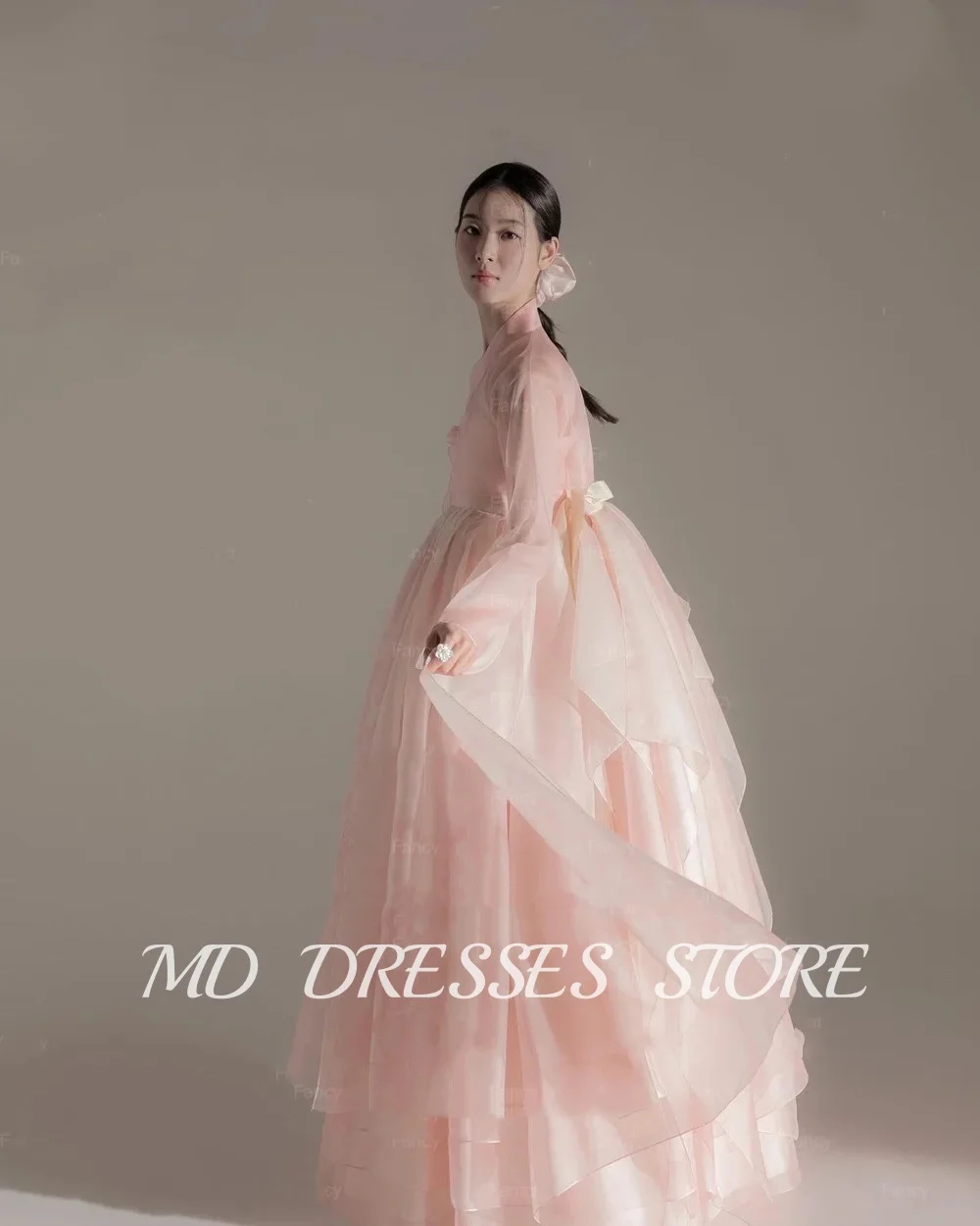 MD Simple Pink A Line Wedding Dresses Pleat Tiered Spaghetti Strap Full Sleeve Korea Photo Shooting Customised Bridal Gown 2025