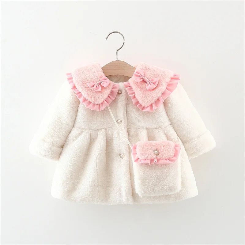 2 Teile/satz Entzückende Winter Kinder Pelzigen Kleidung Süße Bogen Weiche Warme Mantel 0-3 Jahre Altes Kind mantel + Tasche Kinder Neue Jahr Tragen – Detail 5