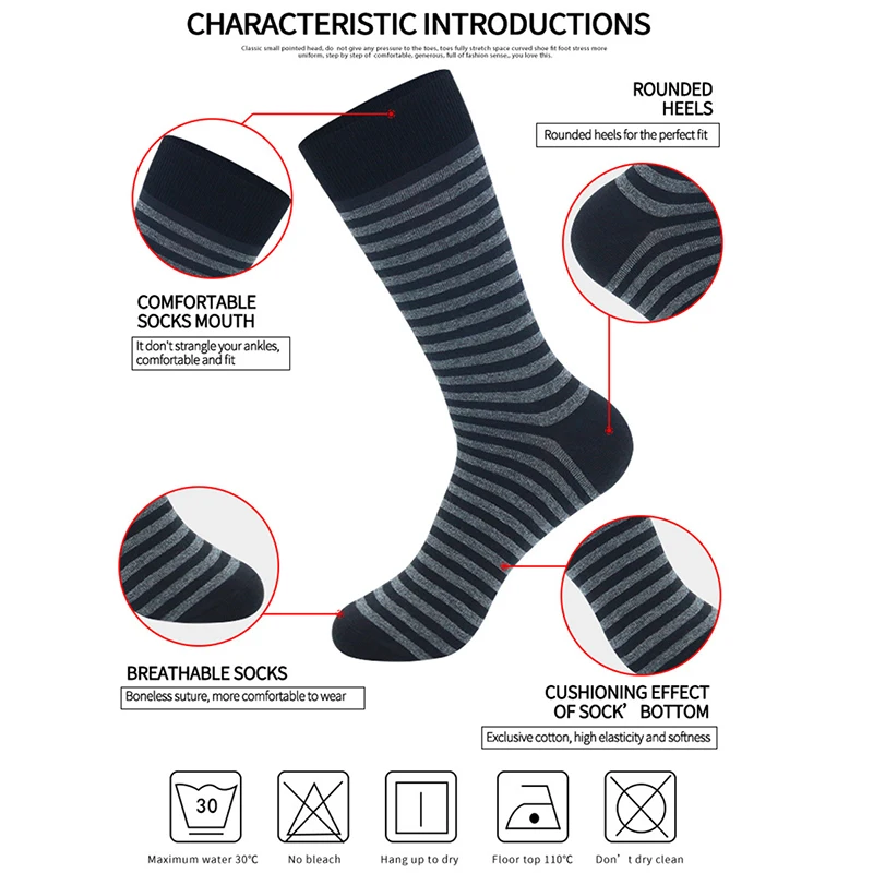 LKWDer Brand 1 Pair Large Size Fashion Business Men Dress Socks High Quality Stripe Black Gray Pure Men Cotton Socks