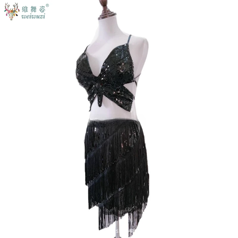 Buikdans Oefenkleding Vrouwen Backless Pailletten Vlinder Camis Tank Top + Kwastje Hippe Sjaal Accessoires Volwassen Jazzdans Set