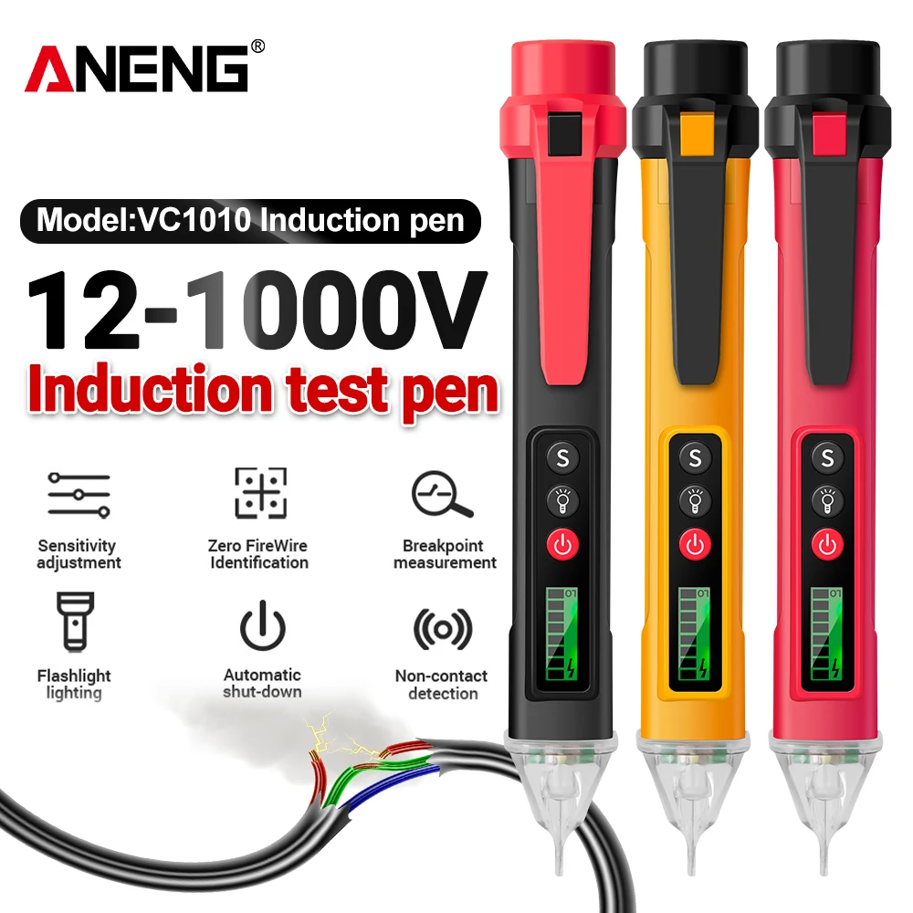 ANENG VC1010 Non‑Contact Voltage Detector Pen AC 12‑1000V NCV Tester Adjustable High‑Low Sensitivity Sound Alarm with LED Flashl