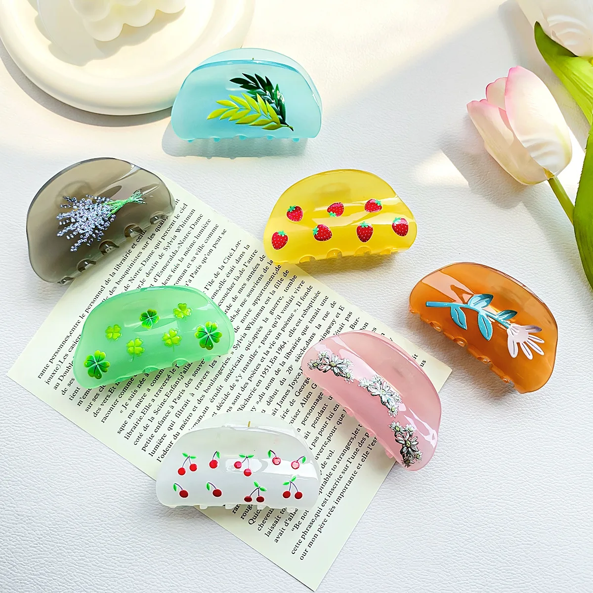 Muweordy Retro Printed Hair Claw Acrylic Claw Clip Candy Color Crab Hair Clip High Ponytail Hair Accessories for Women Girls