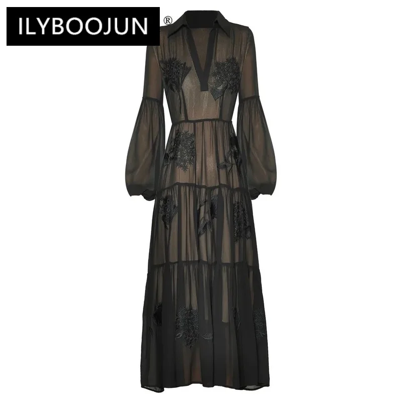 

ILYBOOJUN 2024 Summer Fashion Runway Women Dress Mesh Sheer V Neck Lantern Sleeve Embroidery High Waist Party Maxi Dress