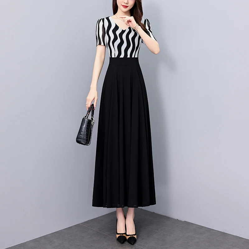 2025 Summer New Chiffon Casual Striped Dress Black Vintage Slim Fit Party Long Dress for Women Elegant Luxury Chic Prom Vestidos