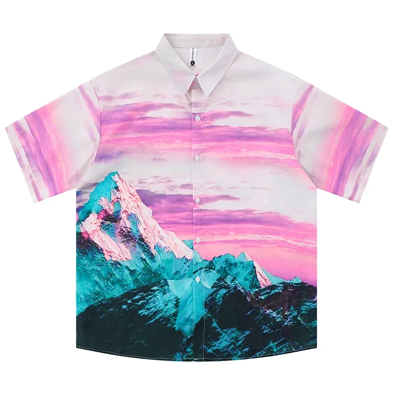 

Summer Men's Hawaiian Beach Shirt Hip Hop Mountain Print Hawaii Blouse Harajuku Streetwear Fashion Casual Aloha Shirts Hispter