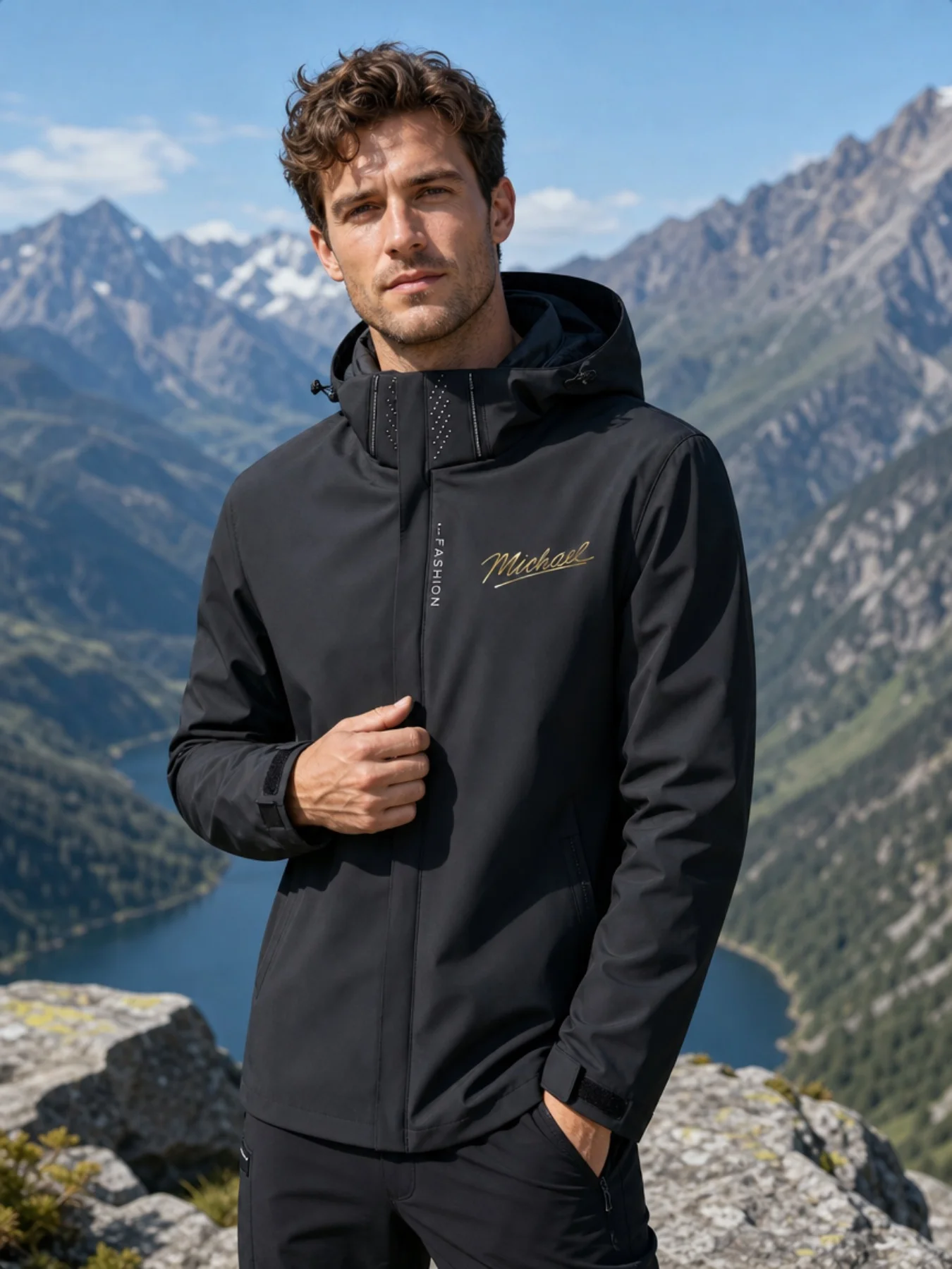 Michael printed bomber jacket, detachable hat waterproof and windproof coat, hiking and cycling casual all-purpose zipper jacket
