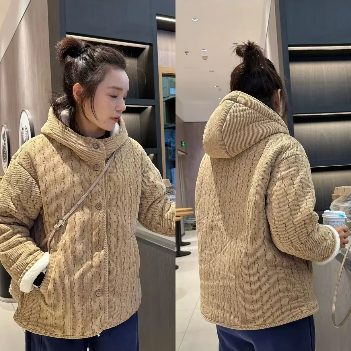 

Корейский стиль, свободное милое кружевное плюшевое пальто с капюшоном и принтом, шерстяная куртка, осенне-зимнее пальто из овечьей шерсти