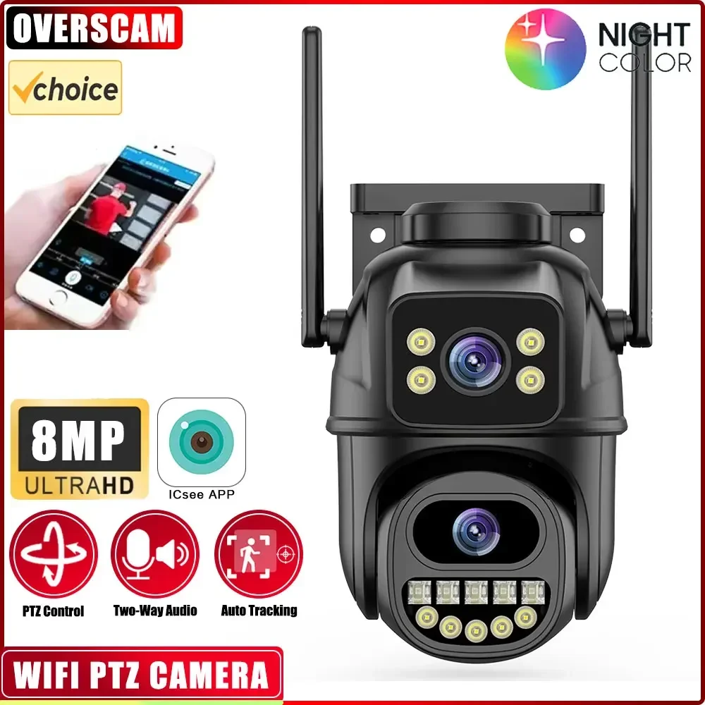 

4K 8MP 2Audio Wifi PTZ Camera Outdoor Dual Screens Dual Lenses 4MPX2 Auto Tracking Security Protection IP Camera Audio iCSee App