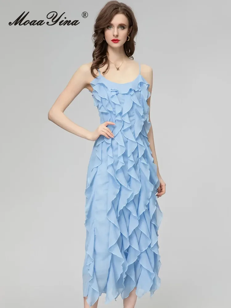 

MoaaYina Spring Fashion Runway Light Blue Elegant Sling Dress Women O Neck Sleeveless Ruffles High Waist Slim A-LINE Long Dress