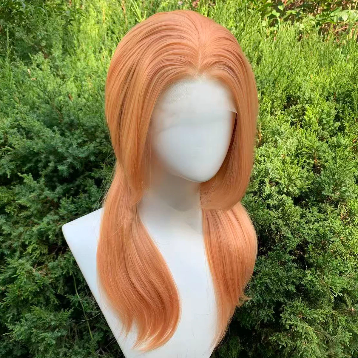 13×4-合成ストレートレースフロントウィッグ女性用ピンクオレンジウルフテールマルレットウィッグ肩の長さナチュラルウェーブコスプレウィッグ
