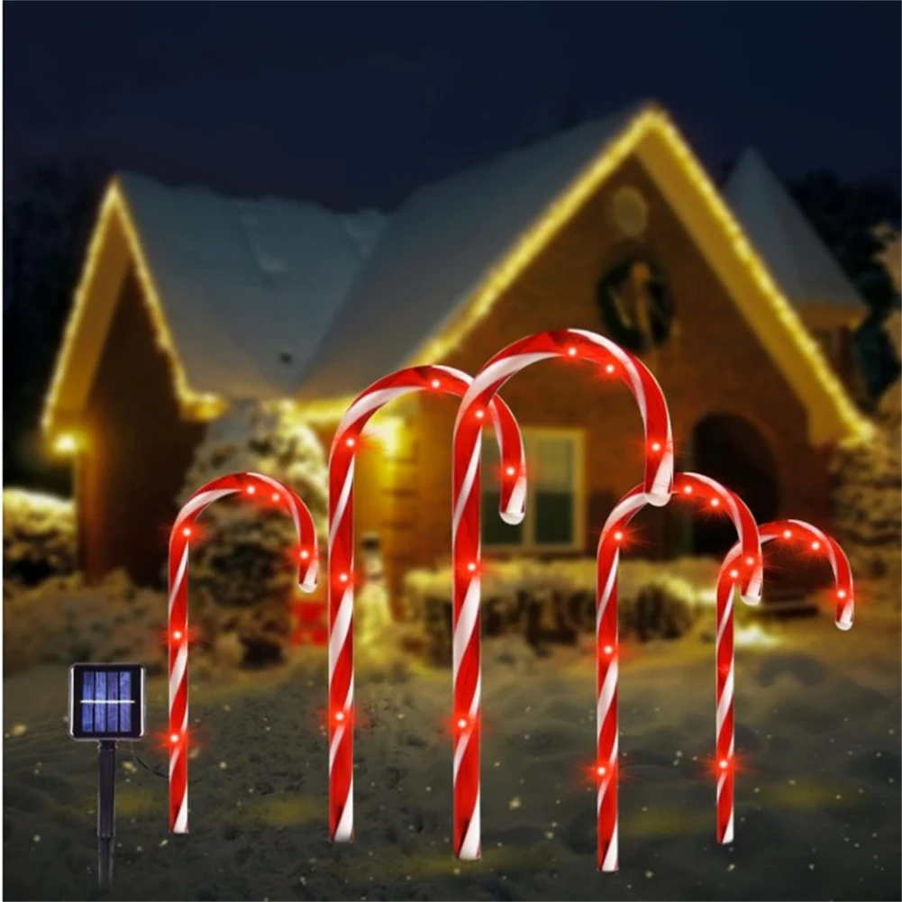 Christmas Candy Cane Lights, Lâmpada solar com estacas, Fácil instalação, ao ar livre, paisagem, jardim, decoração do quintal