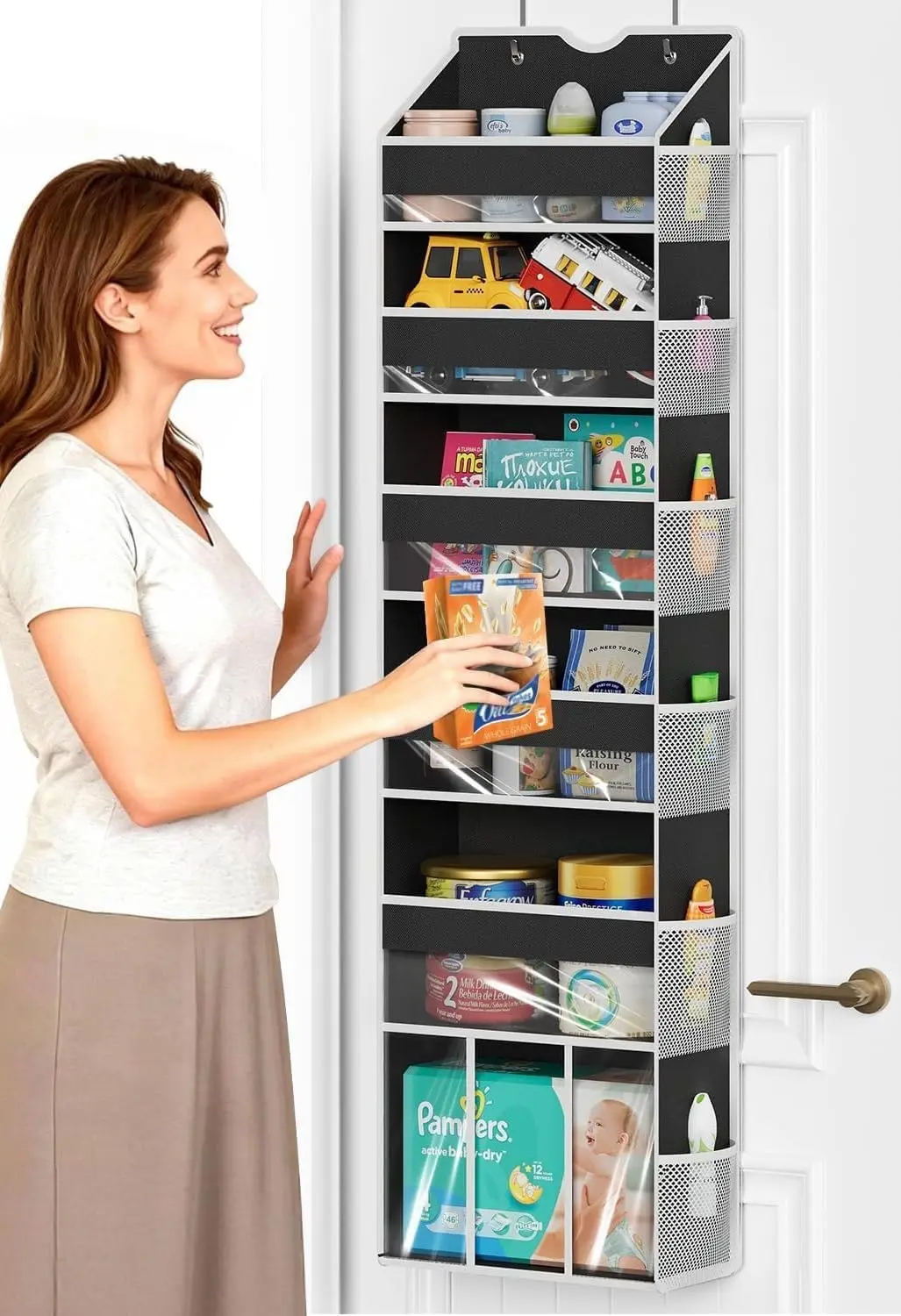

Over The Door Organizer Hanging - 6 Shelf Over Door Organizer with 6 Clear Front & 12 Side Pockets - 50LB Load Behind St