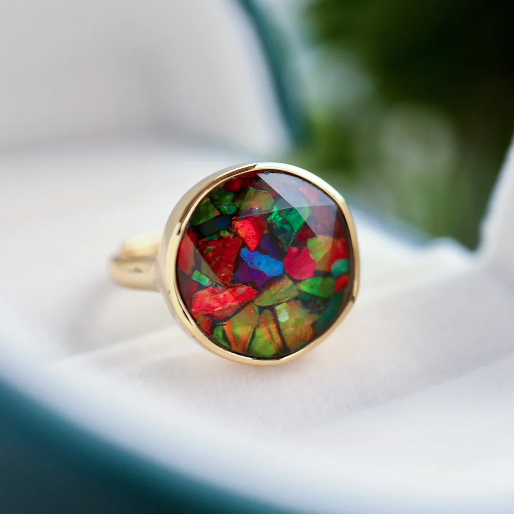 Ammolite 925 Silver Adjustable Ring 18k Gold Plated Jewelry Gift for Women Natural Opalite Dainty Stackable from Canadian