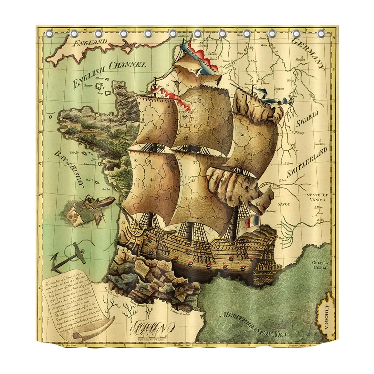 Vintage Old Sailboat Voyage Nautical Map Decor Brown Shower Curtain Retro Rustic Maritime Art