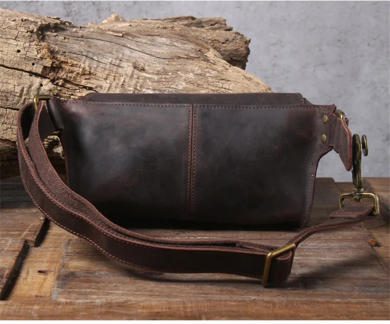 Vintage multifunctional genuine leather men chest bag crazy horse cowhide waist pack outdoor sports small shoulder crossbody bag