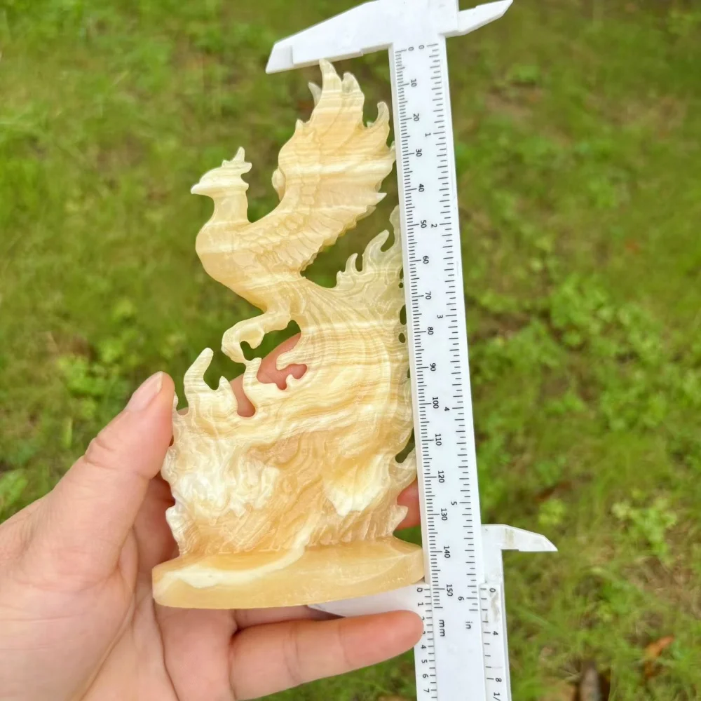 15cm Natural Yellow Calcite Quartz Phoenix Hand Carved Figurine Bird Statue Crystal Animal Sculpture Home Decor Reiki Gift