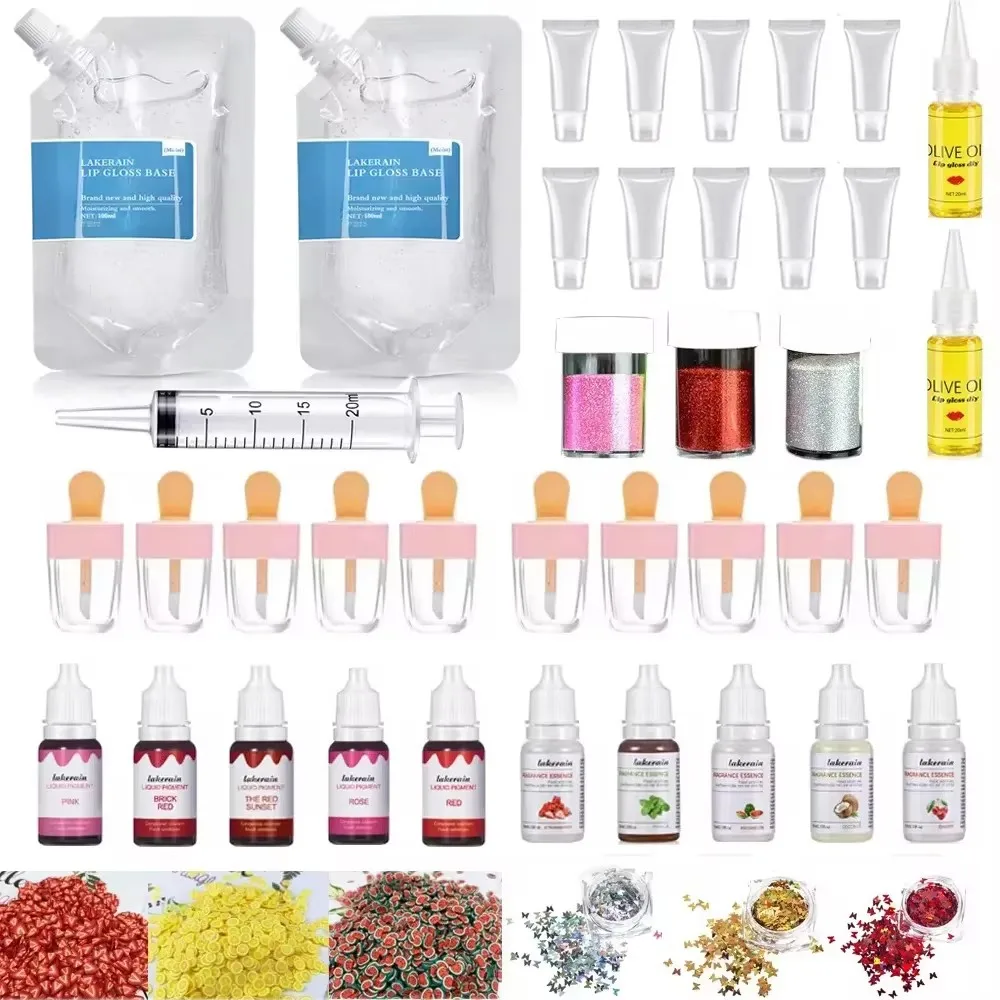 Lip Gloss DIY Kit Moisturizing Clear Lip Gloss Base Gel with Lipgloss Tube Pigment Powder Glitter Flavor Essence Flavoring