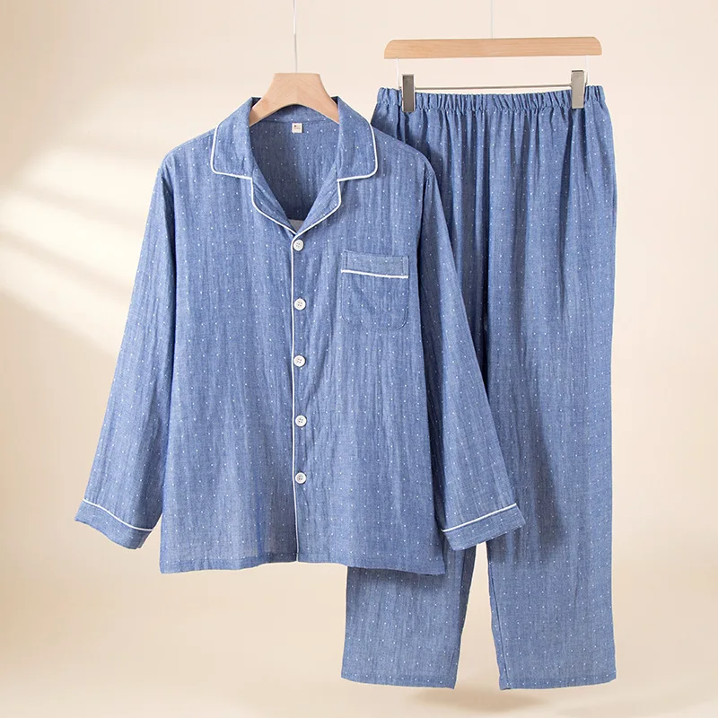 

Spring Autumn Men Casual Polka Dot Pajama Sets Male 100% Cotton Sleepwear Suit Plus Size Pajama Sets Long Sleeve Shirt & Pants