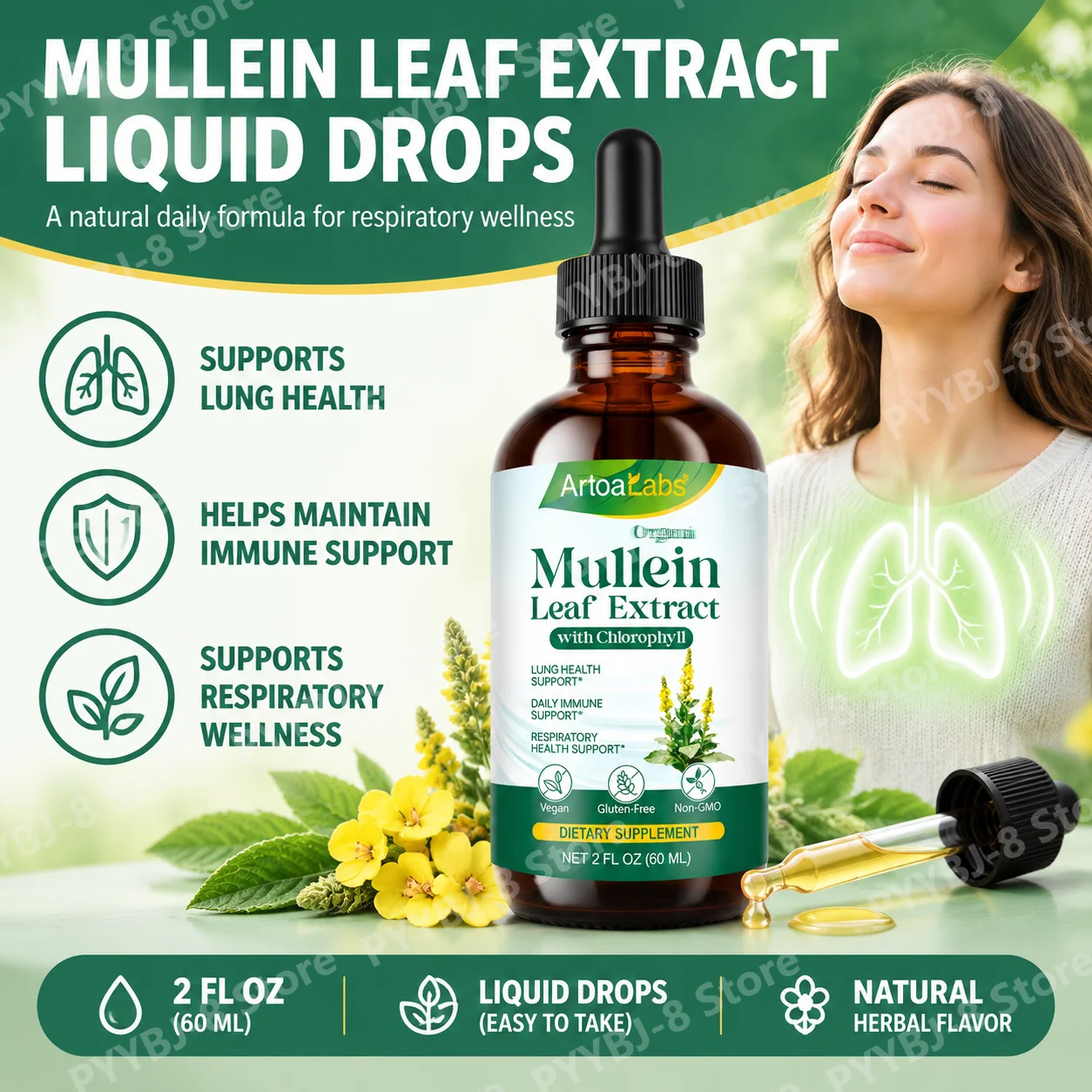 ArtoaLabs Mullein Leaf Extract Liquid with Chlorophyll 30:1 for Lung Wellness Support and Immune Support 60 ML (30 Servings)