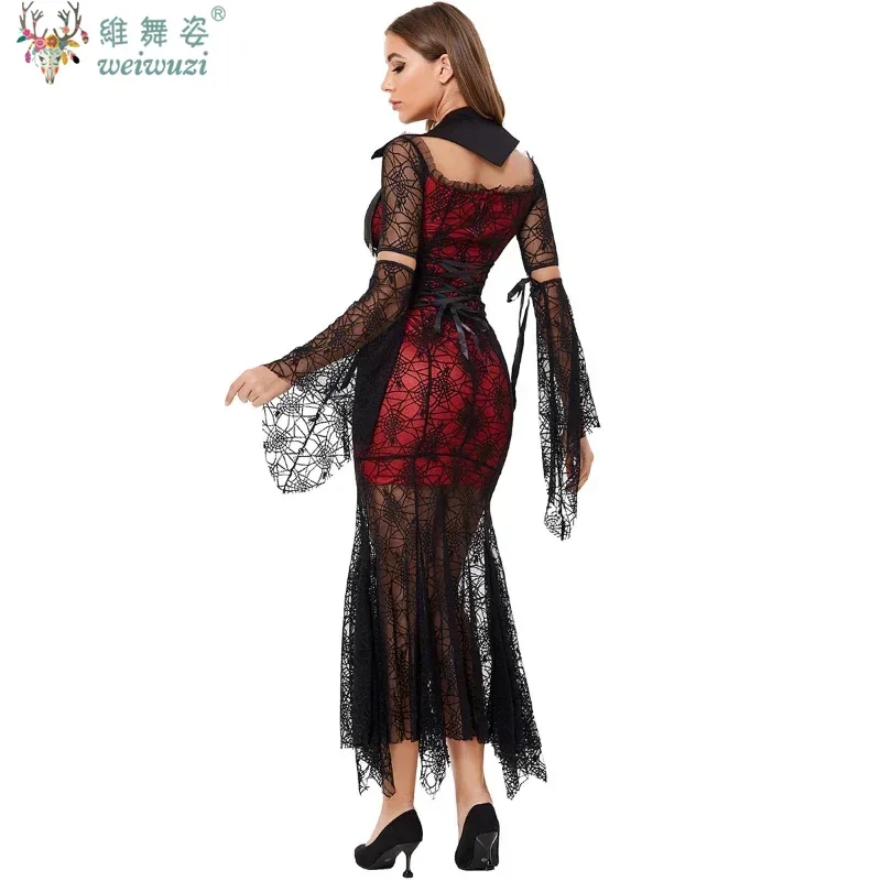 Halloween Cosplay Gothic Witch Vampire Sexy Lace Hip Wrap Dress Black Evil Wizard Ghost Bride Perspective Dress Carnival Costume