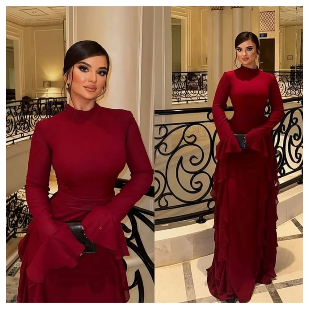 Vestido de noche de gasa burdeos moderno personalizado, vestido de fiesta de manga larga con cuello redondo a la moda, vestidos clásicos hasta el suelo para celebridades