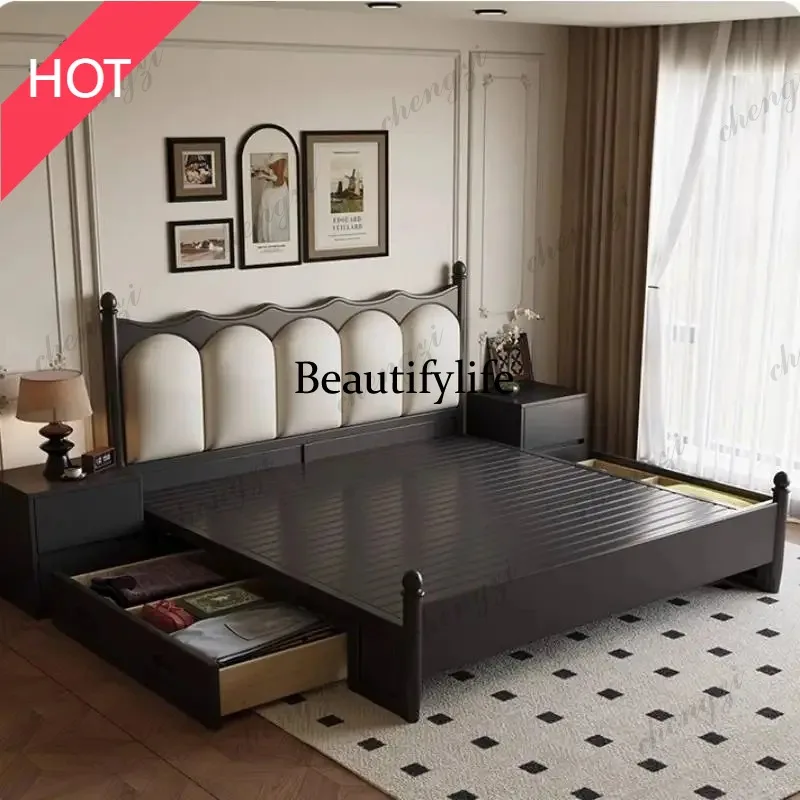 A49 Modern Cheap Double Bed Nordic Vintage Wooden Storage Cloud Double Bed Lit Luxe Japanese Adults Camas De Dormitorio Furnitur