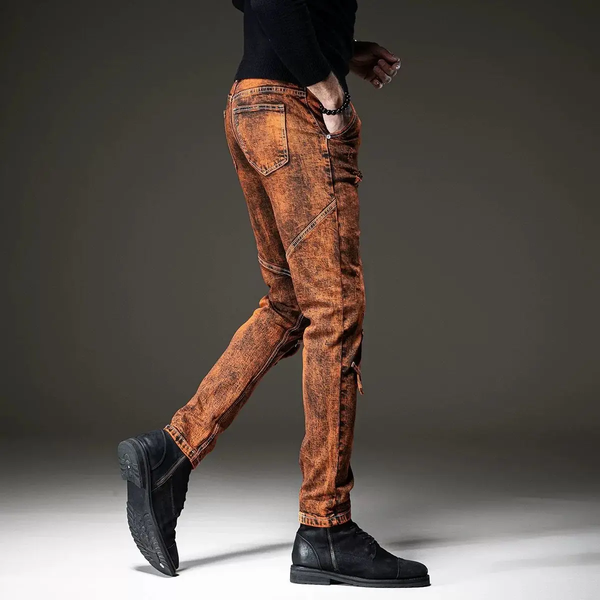 European and American fashion retro style jeans men's nostalgic splicing slim,small feet personalized patch pants Ripped jeans