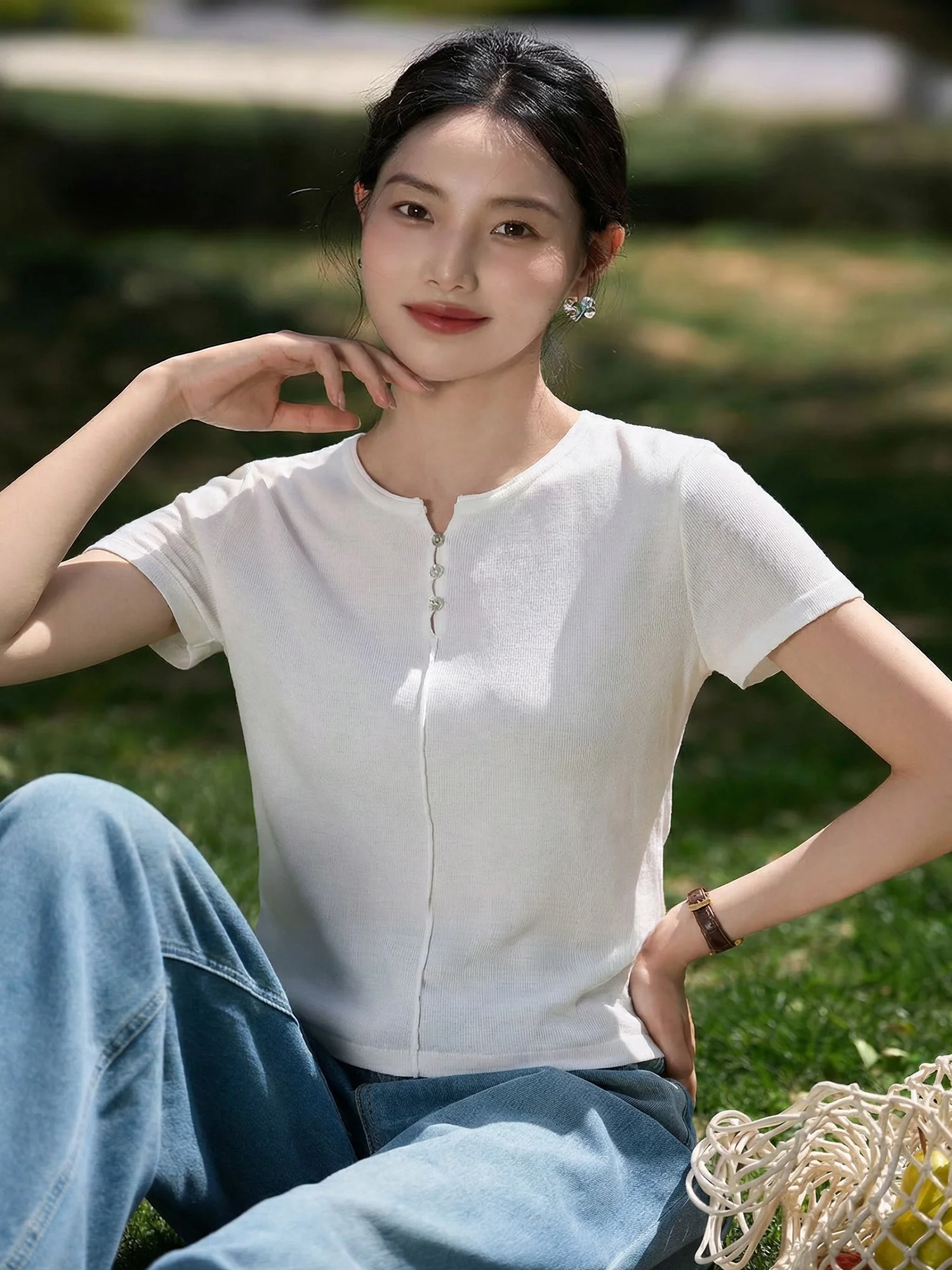 

mat White ort Sve Knitted irt Women Summer Button Slim Fit oulder Appropriate Top Soft V-Ne Regular Length