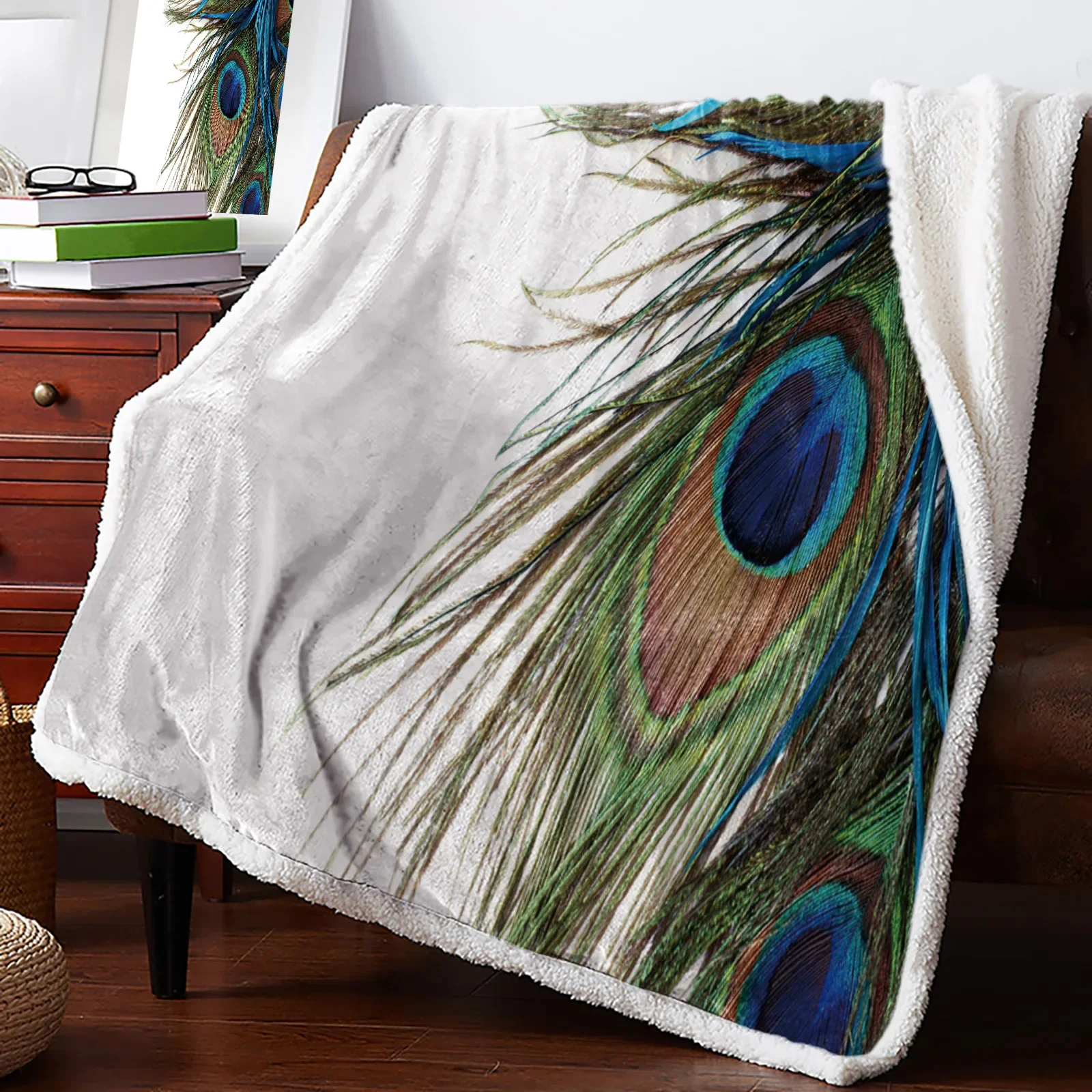 

Peacock Feather White Blankets Winter Warm Cashmere Blanket Office Sofa Soft Throw Blanket Kids Bed Bedspread