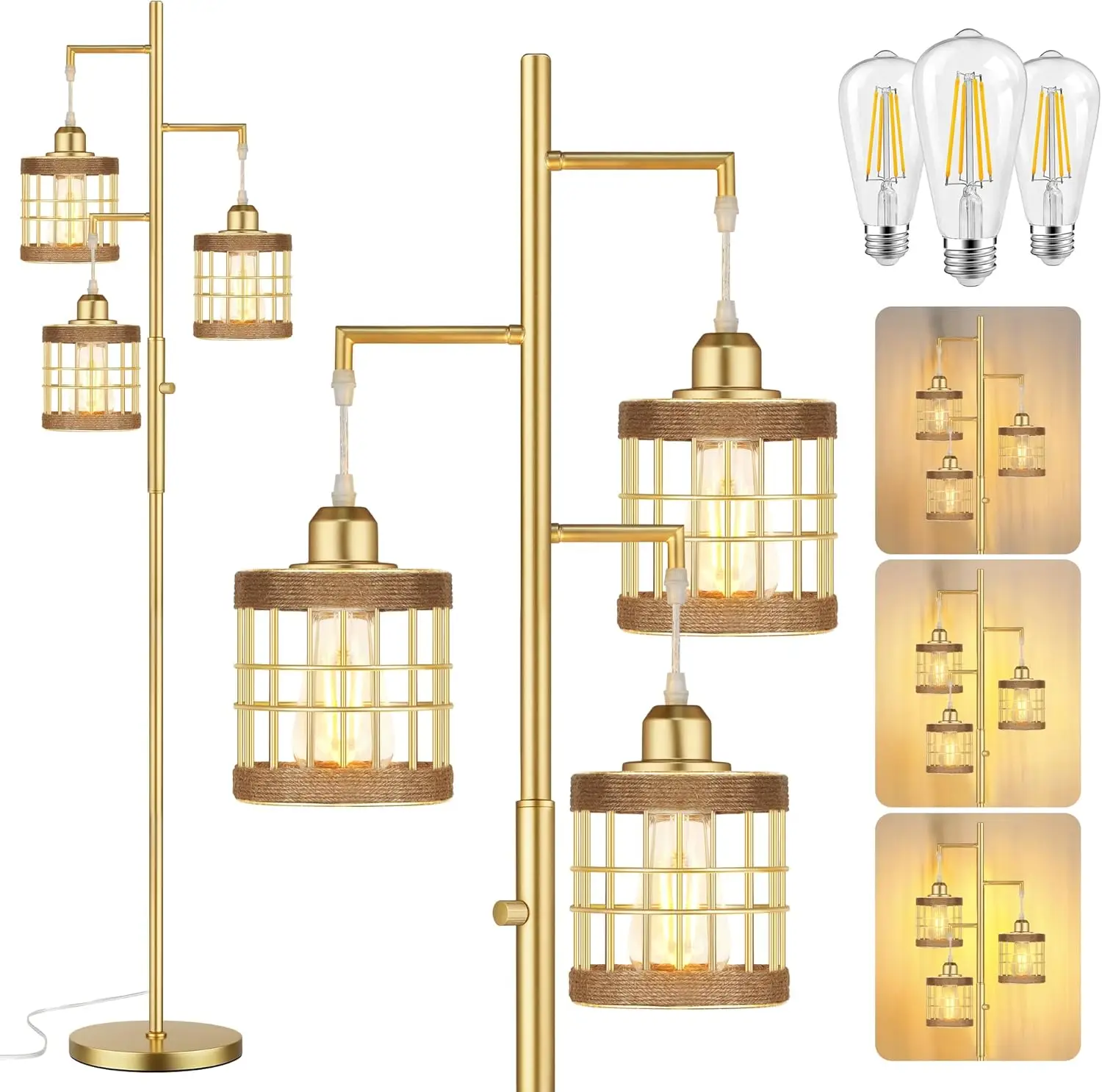 

Industrial Floor Lamp with Stepless Dimmable, 68" Tall for Living Room Bedroom Study, Includes 3 LED Bulbs in Gold