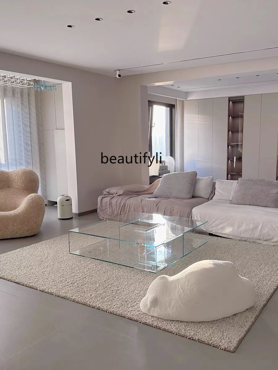 Italian Designer Creative Transparent Flame Tempered Glass Coffee Table Living Room Italian Minimalist Square Low Table