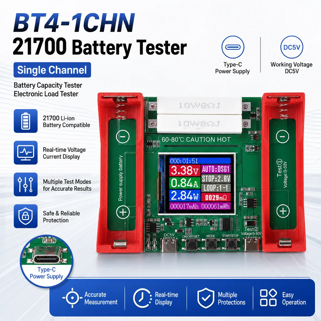 BT4‑1CHN Battery Capacity Analyzer TYPE‑C Supply 1‑9 Cycles Charge Discharge Tester DC Two Wire Internal Resistance Meter