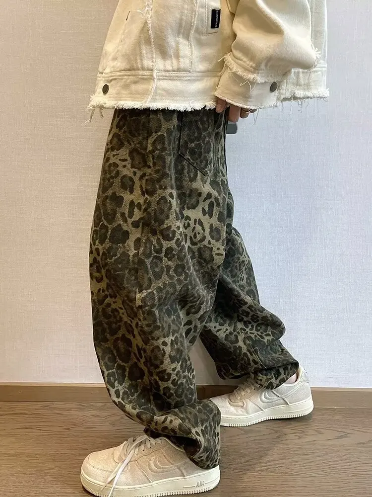 Autumn Tan Leopard Jeans Men Denim Pants Male Oversize Wide Leg Trousers Streetwear Hip Hop Vintage Loose Casual Animal Print