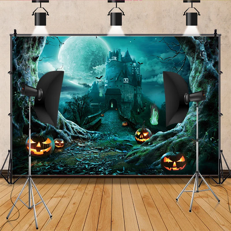 Fondo de Halloween para niños y adultos, telón de luna llena, noche aterradora, castillo, árboles, calabaza, linterna, decoración de fiesta familiar, WH-01