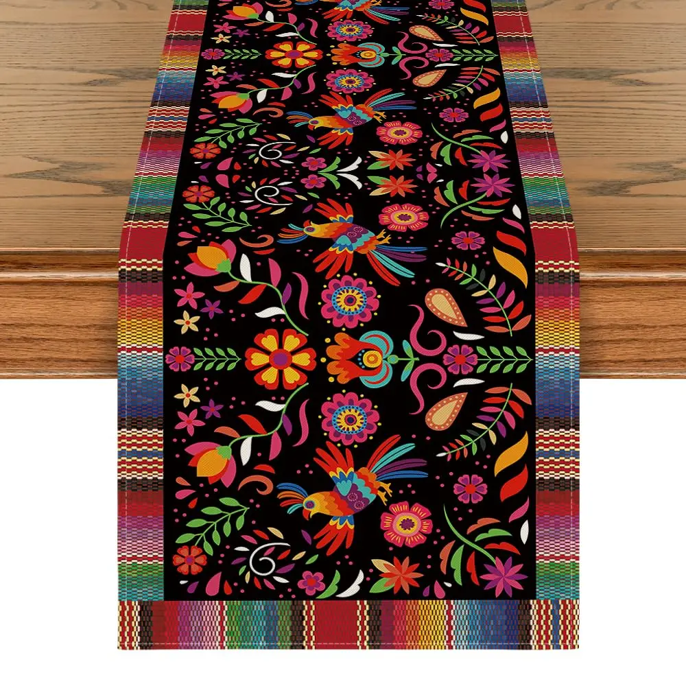 

Bird Dia De Los Muertos Serape Mexican Fiesta Table Runner, Cinco De Mayo Day of The Dead Kitchen Dining Table Decoration