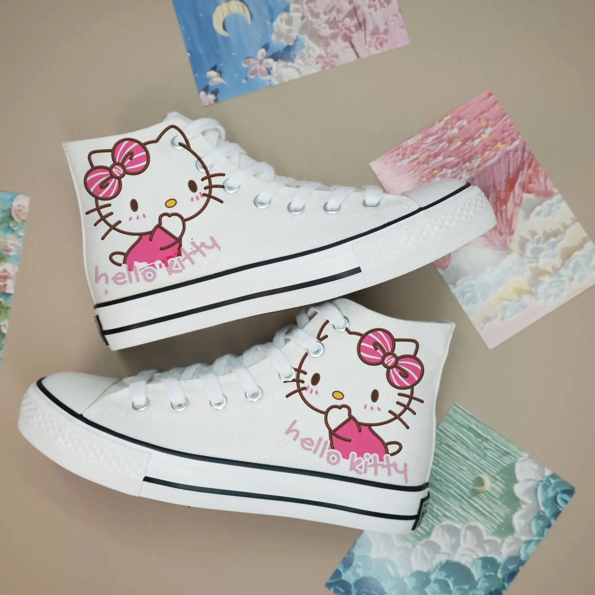 2024 New Hello Kitty plus size Branded For Female Students white Soft Girl Canvas Shoes red bow women Skate Shoes