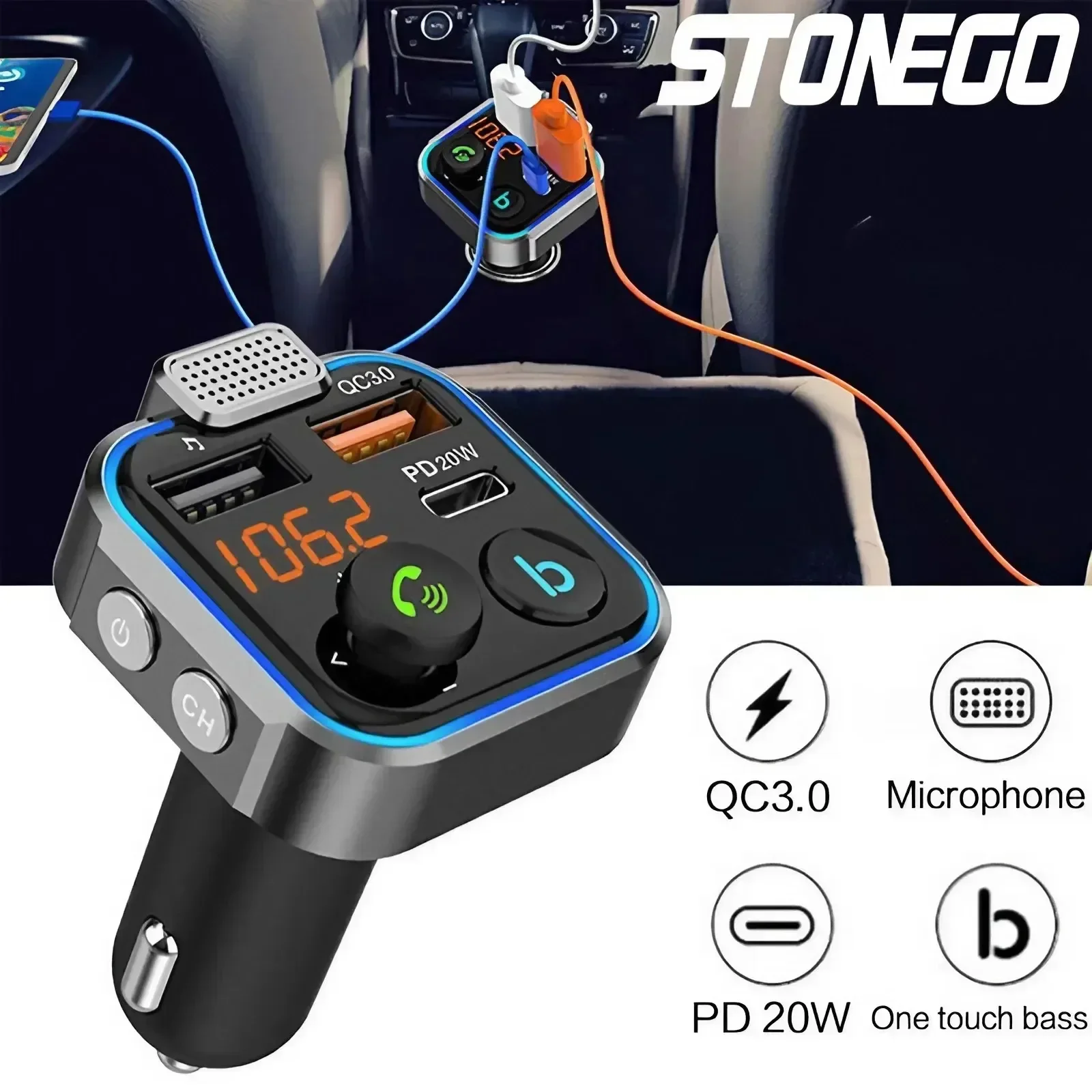 

Bluetooth 5.0 FM Transmitter Car Kit - Wireless Hands-Free MP3 Player, Dual USB Quick Charger, PD 20W + QC 3.0, Car Audio Receiv