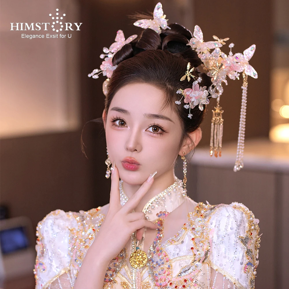 HIMSTORY Chinese Wedding Pink Cyrstal Butterfly Wedding Dress Bride Xiuhe Headdress HAir Accessories Hanfu Costume Headpiece