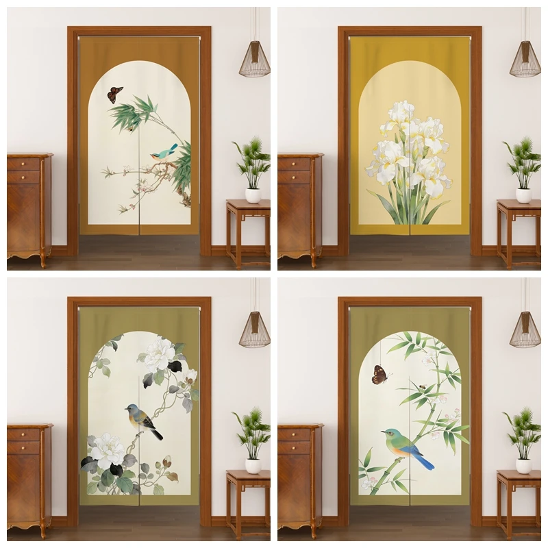 Chinese Style Noren Door Curtains Bird Bamboo Butterfly Peony Linen Doorway Curtains For Home Decor Room Divider Half Curtains