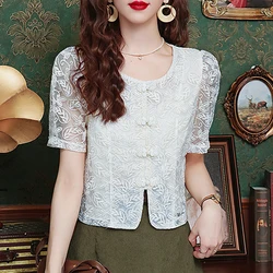 New 2024 Summer Women Blouse Short sleeved Lace Shirt Solid Color Vintage embroidery Top