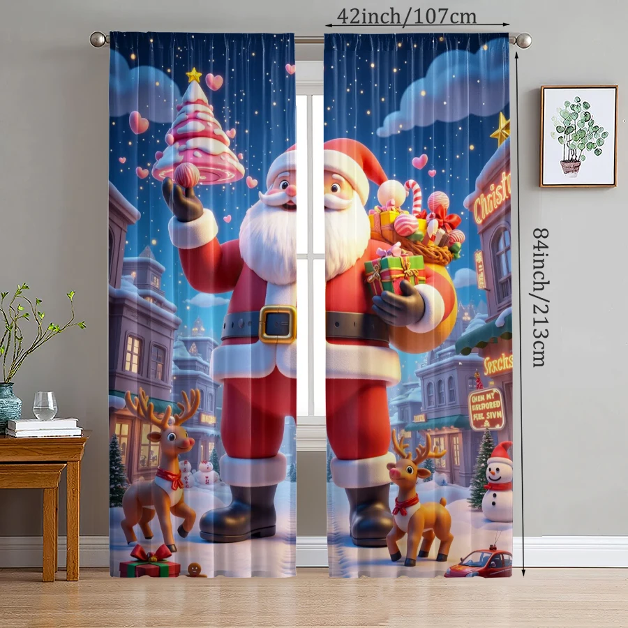 2pcs- Christmas Santa Claus Christmas tree pattern printed curtains, Christmas decorations, home decorations, room decorations